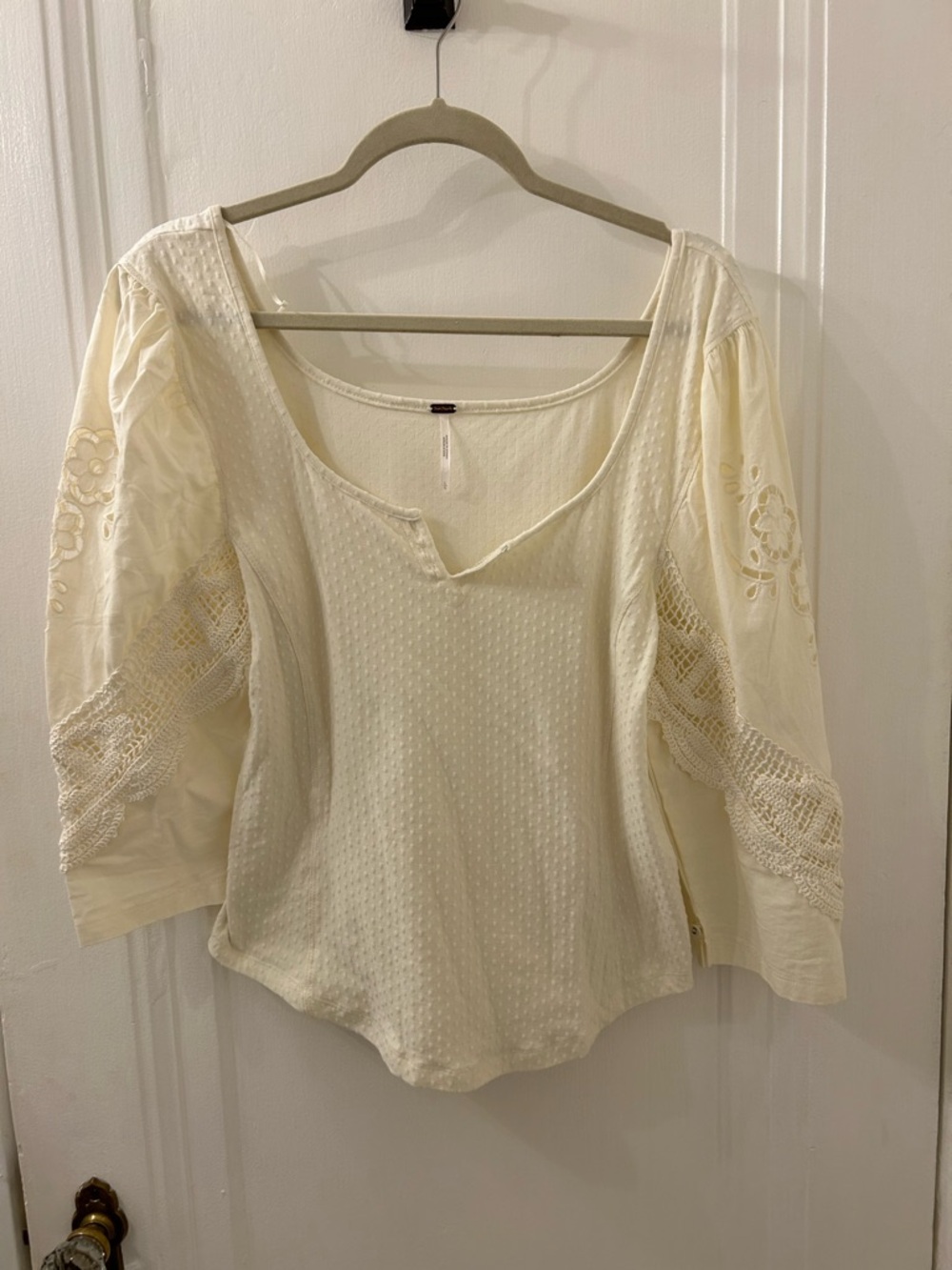 Women's Free People Cream Peasant Blouse with Lace Sleeves